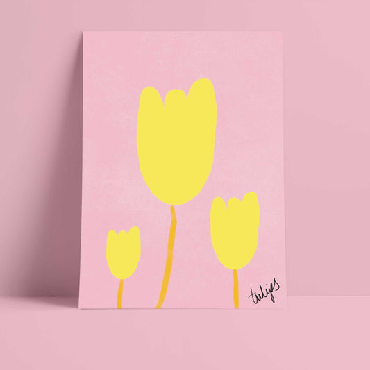 Tulips Print - Pink, Bright Yellow Fine Art Print