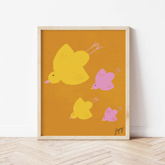Flying Birds - Brown, Yellow and Pink Art Print Framed Print