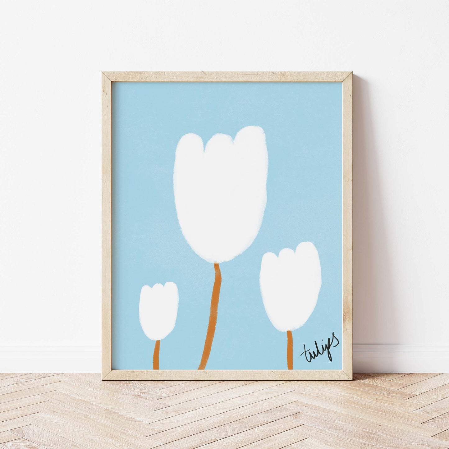 Tulips Print - Blue, White Framed Print