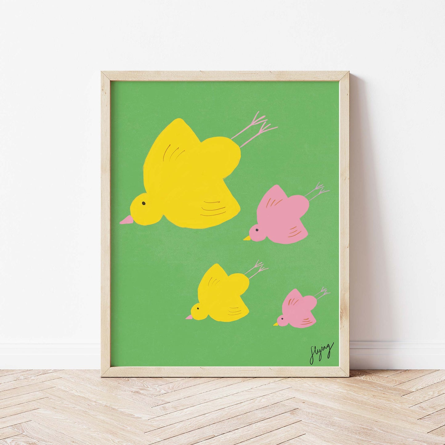 Flying Birds Print - Green, Yellow, Pink Fine Art Print