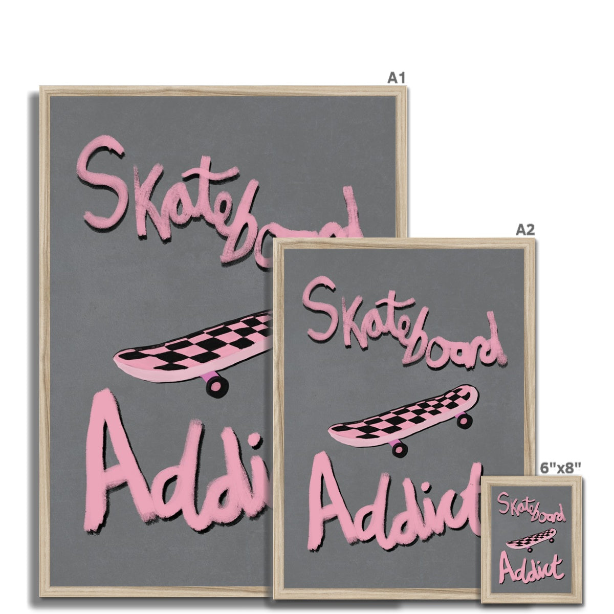 Skateboard Addict - Grey, Pink Framed Print