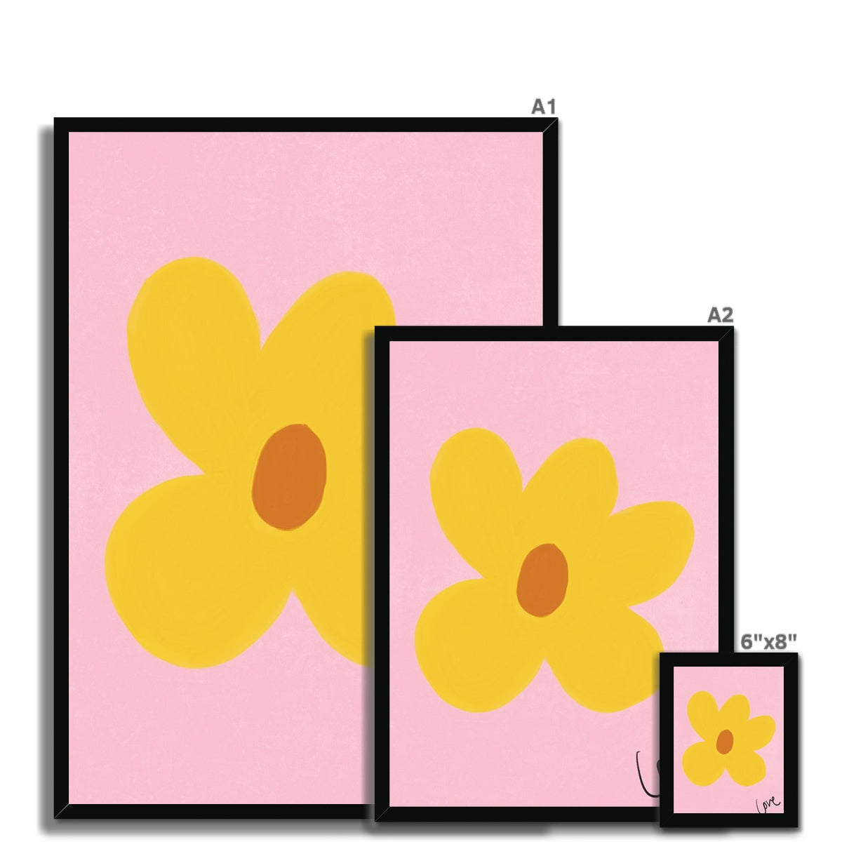 Love Flower Print - Pink, Yellow, Brown Framed Print