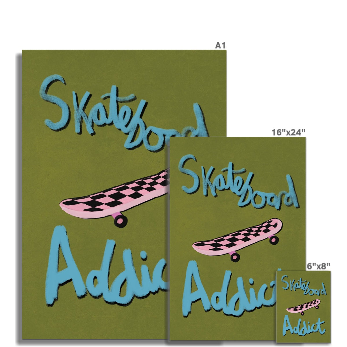 Skateboard Addict - Olive Green, Blue, Pink Fine Art Print