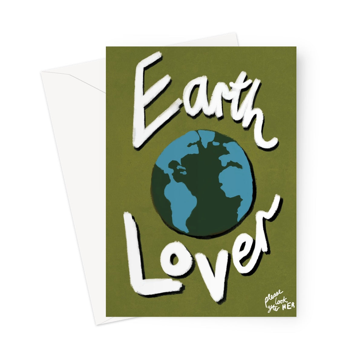 Earth Lover Print - Olive Green, Blue, White Greeting Card