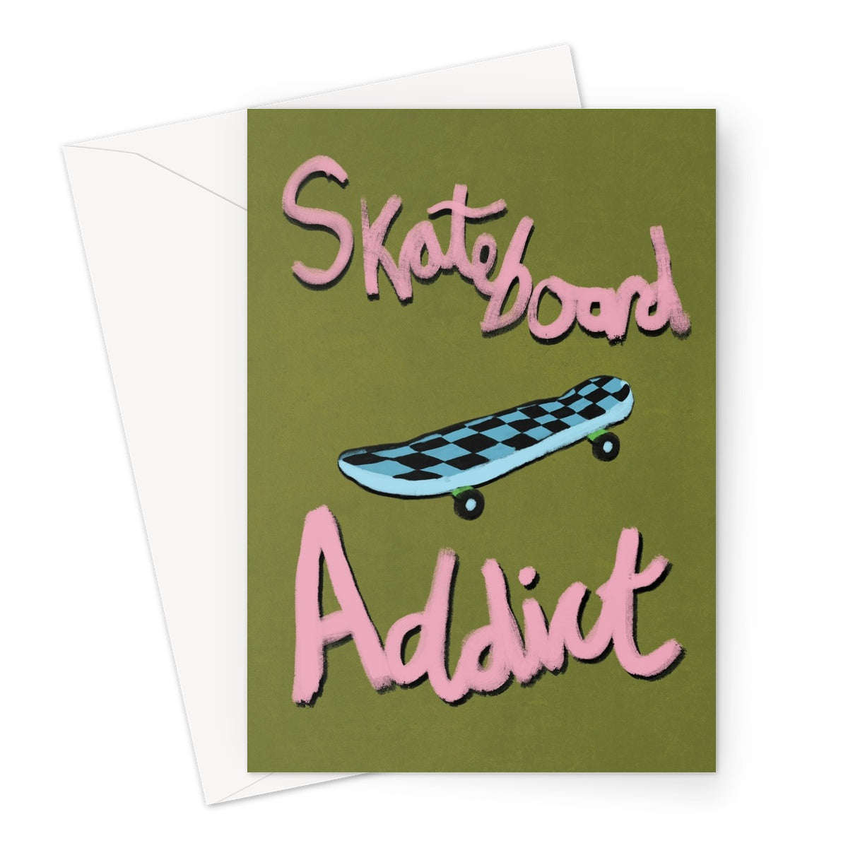 Skateboard Addict - Olive Green, Pink, Blue Greeting Card