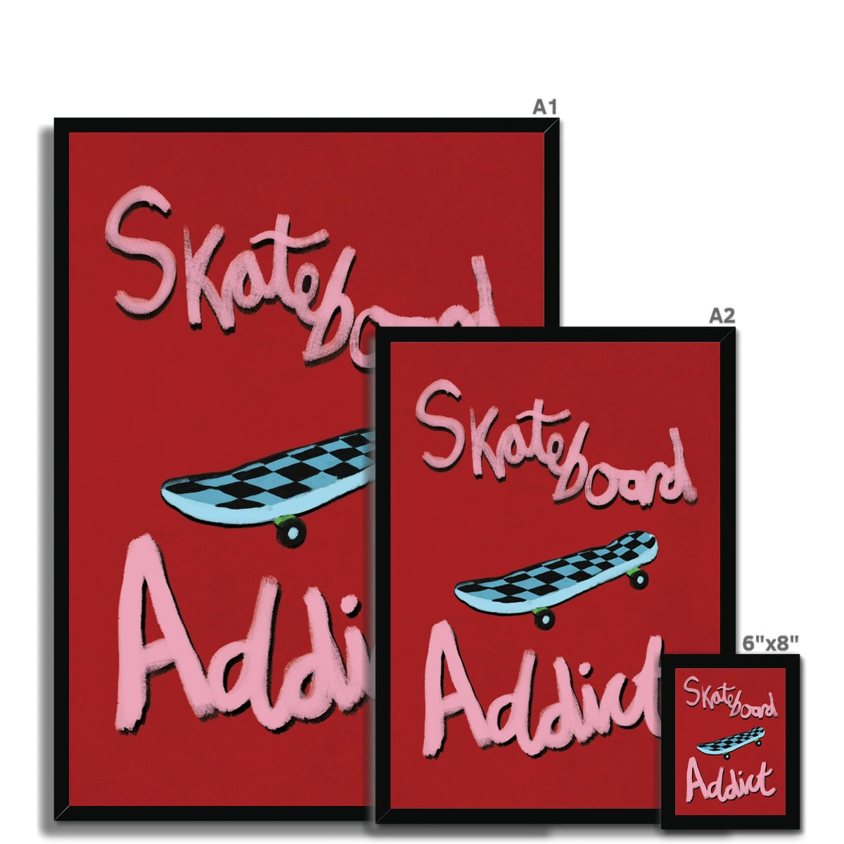 Skateboard Addict - Red, Pink, Blue Framed Print