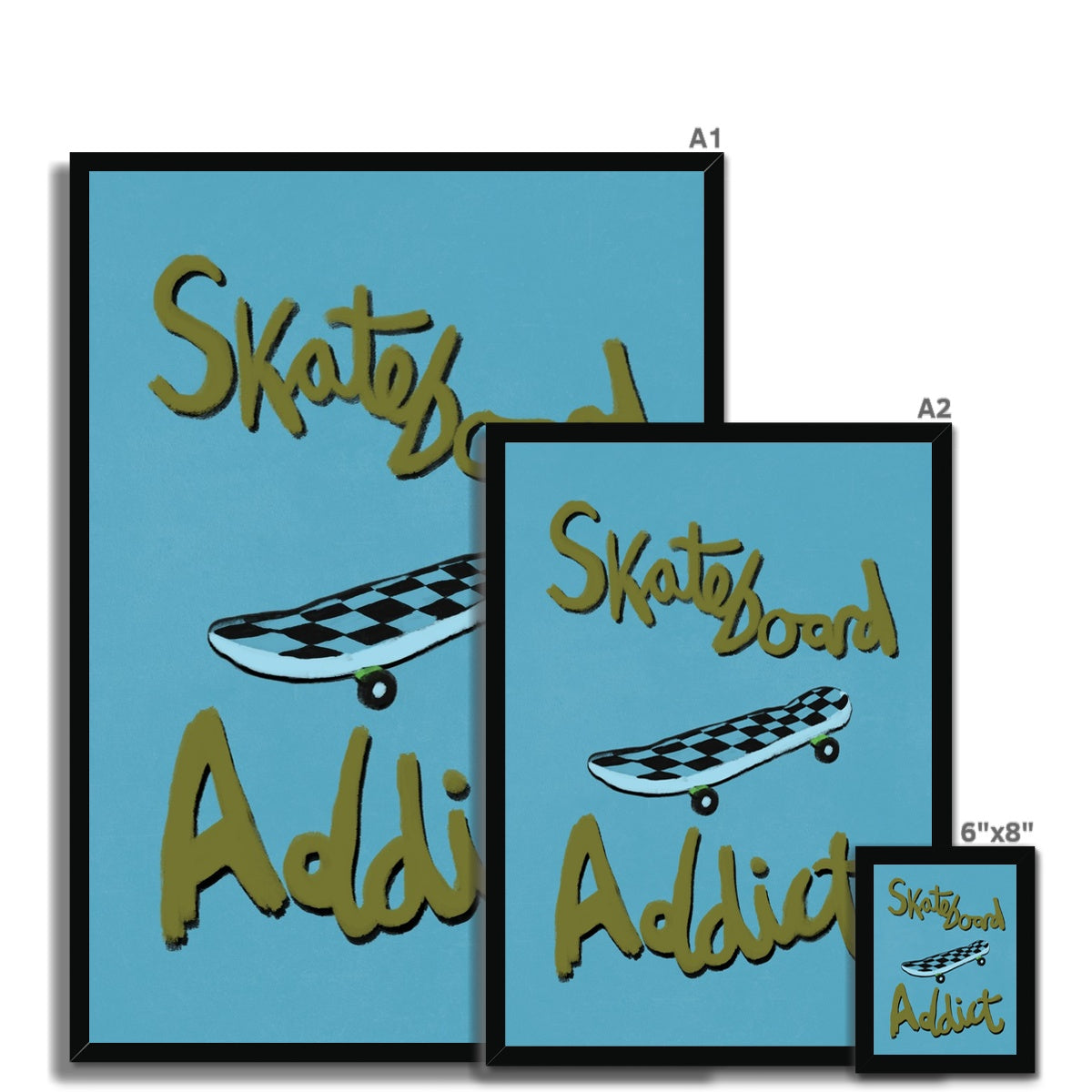 Skateboard Addict - Olive Green, Blue Framed Print