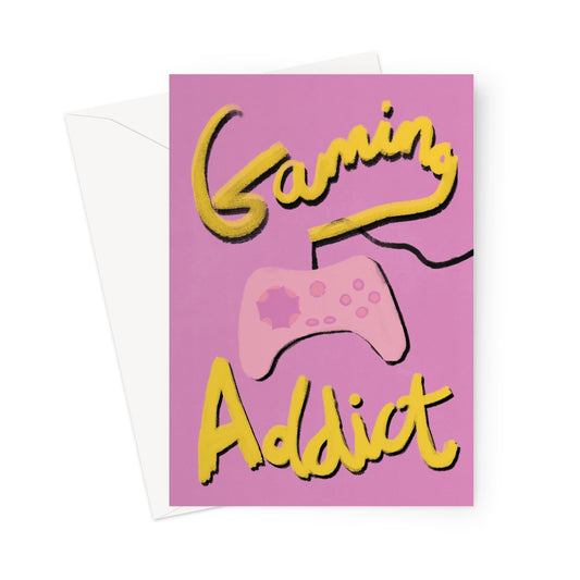 Gaming Addict Print - Pink, Yellow Greeting Card