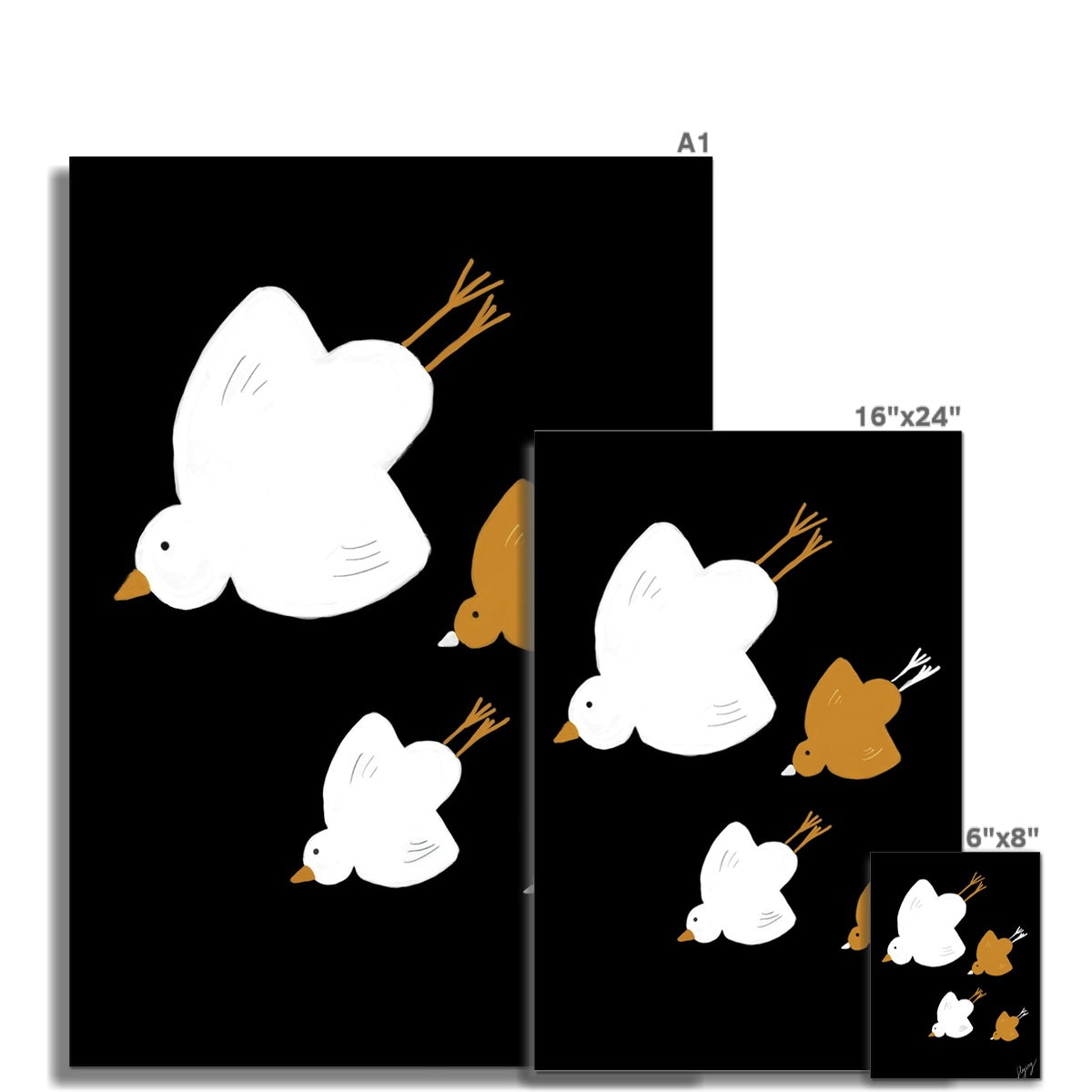 Flying Birds Print - Black with white, brown Fine Art Print