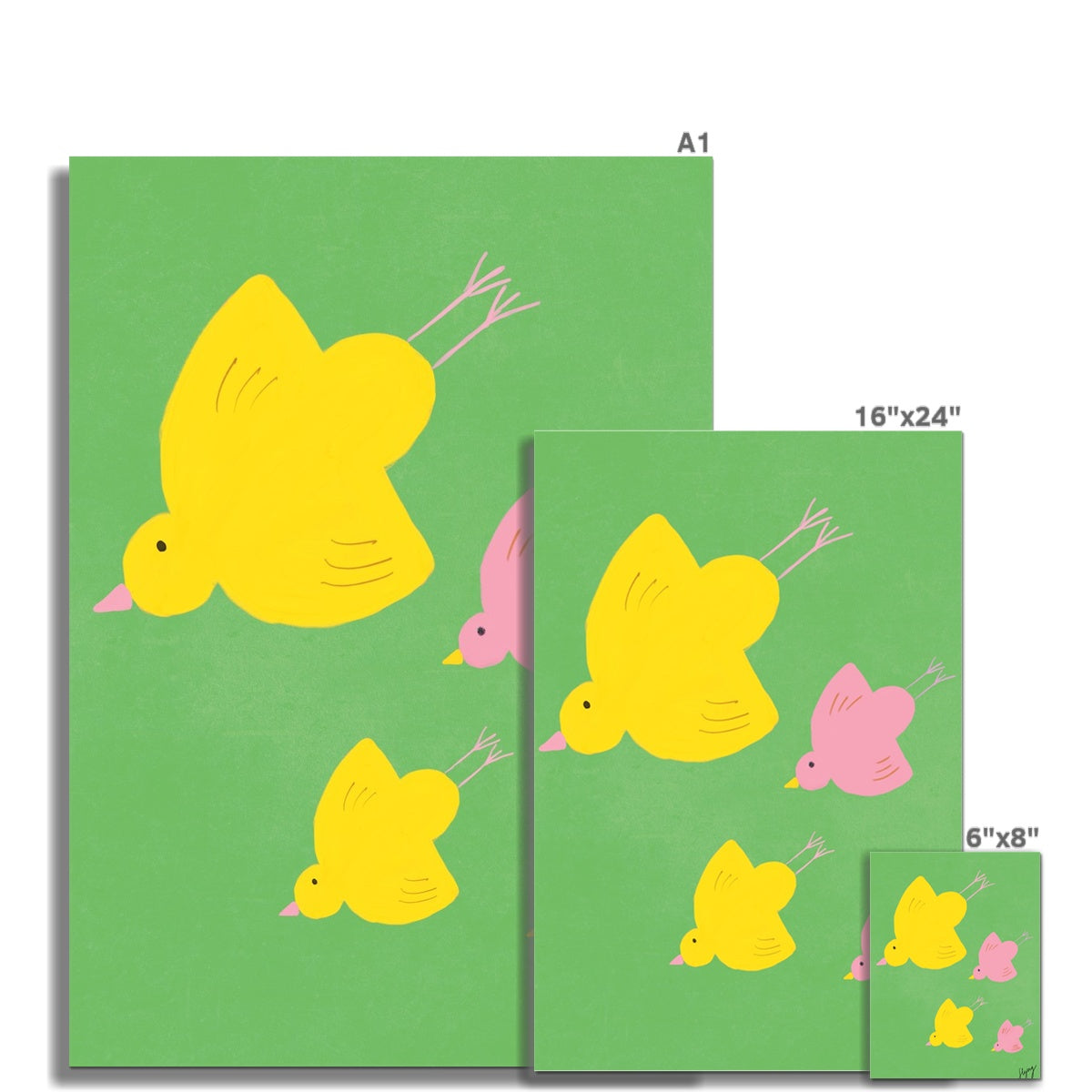 Flying Birds Print - Green, Yellow, Pink Fine Art Print