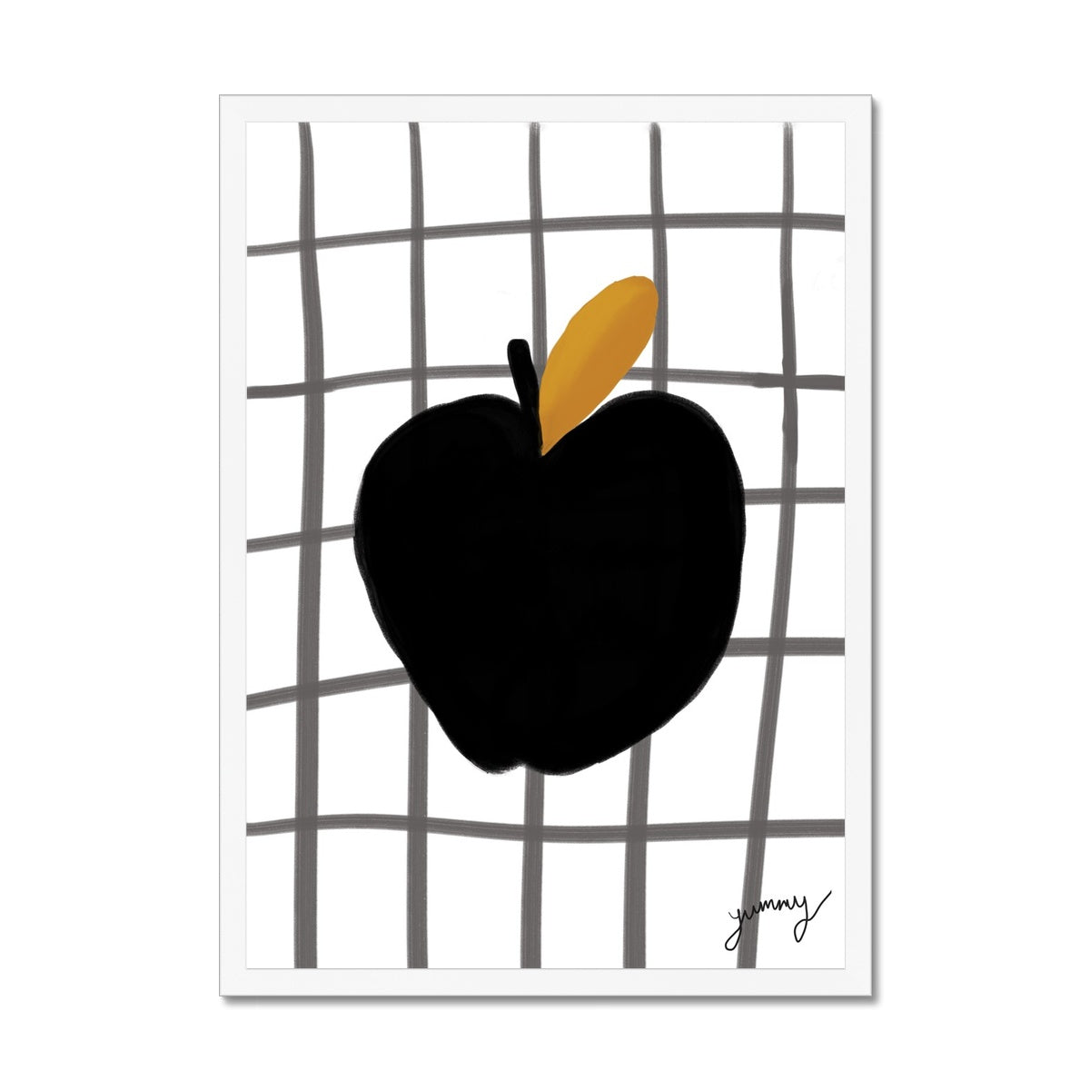 Yummy Apple Print - White with Black Framed Print