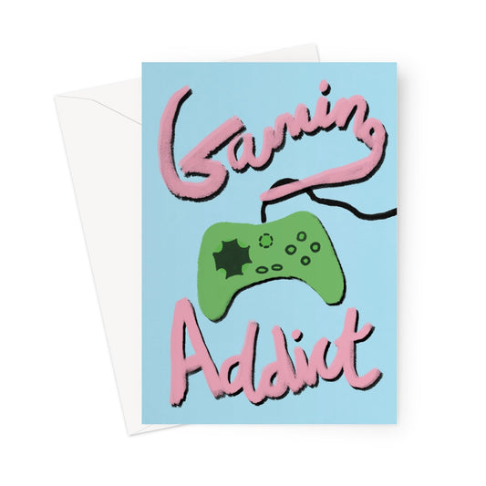 Gaming Addict Print - Light Blue, Pink, Green Greeting Card
