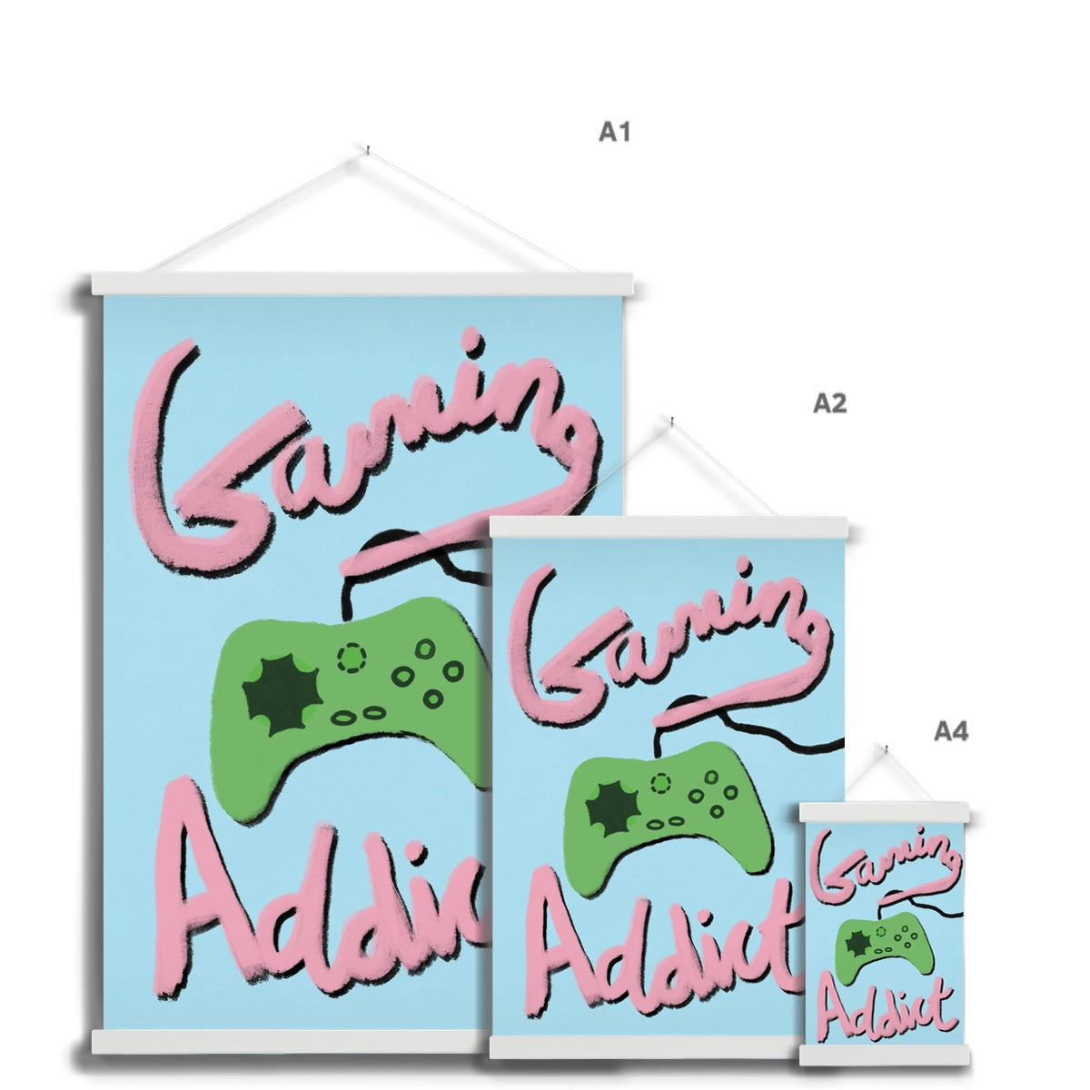 Gaming Addict Print - Light Blue, Pink, Green Fine Art Print with Hanger