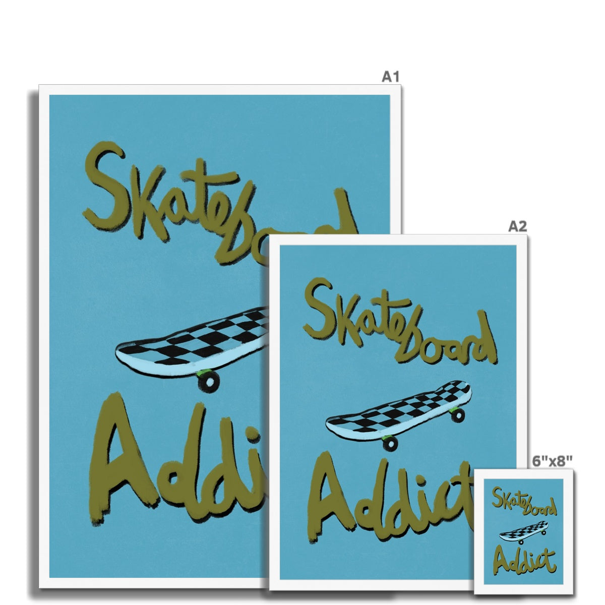 Skateboard Addict - Olive Green, Blue Framed Print