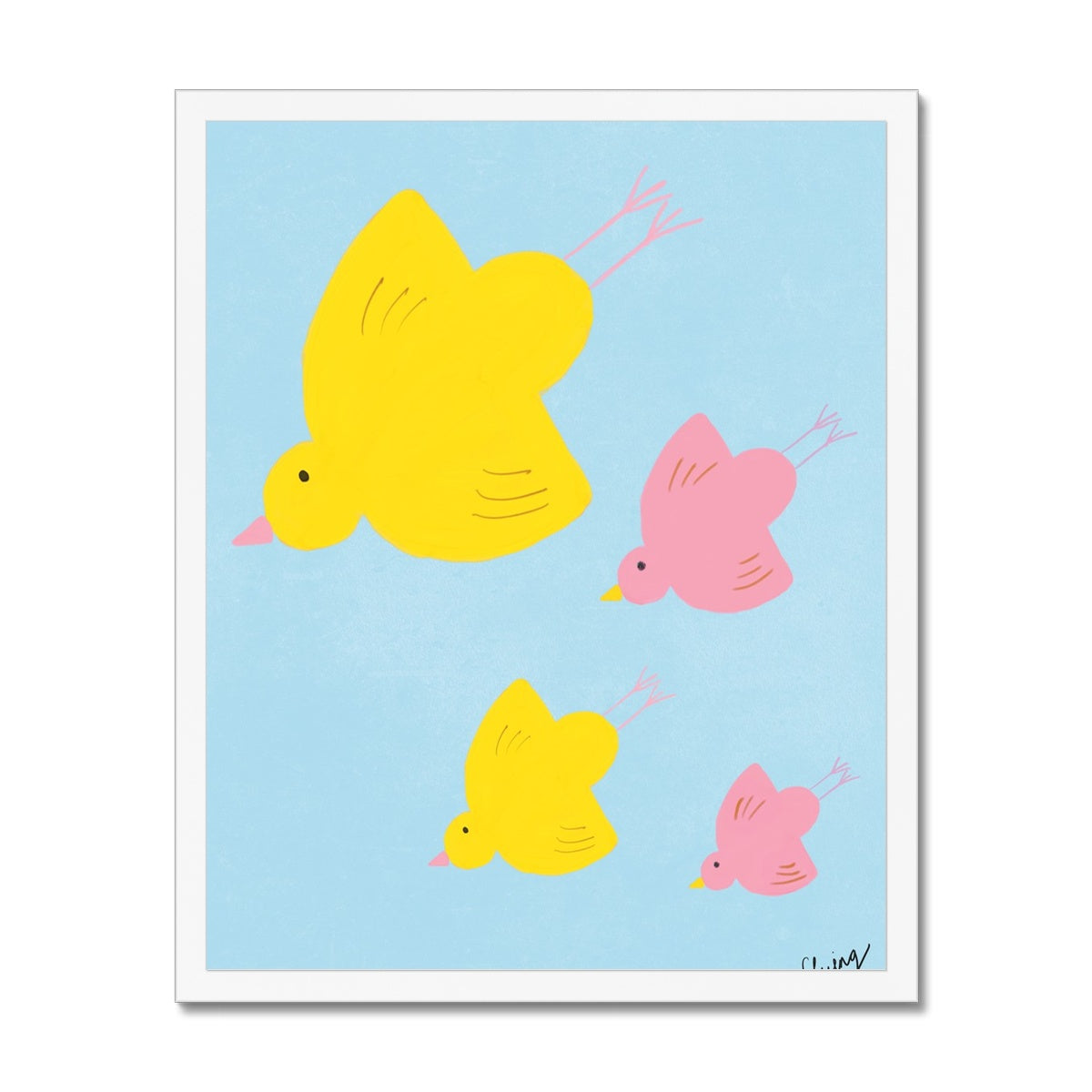 Flying Birds - Blue, Yellow and Pink Art Print Framed Print