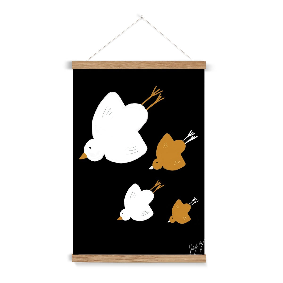 Flying Birds Print - Black with white, brown Fine Art Print with Hanger