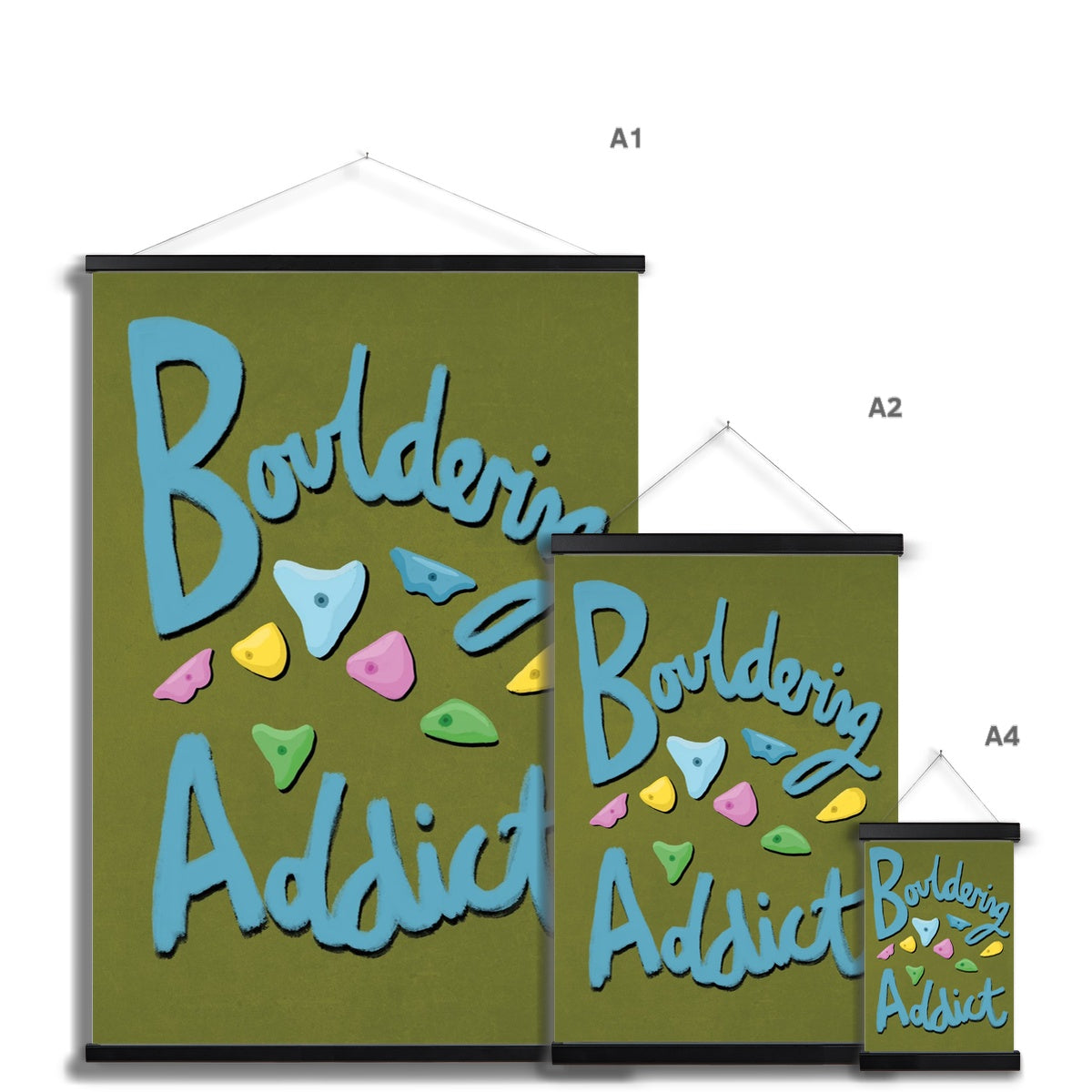 Bouldering Addict - Olive Green and Blue Fine Art Print with Hanger