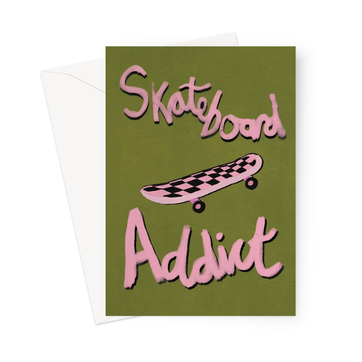 Skateboard Addict - Olive Green, Pink Greeting Card
