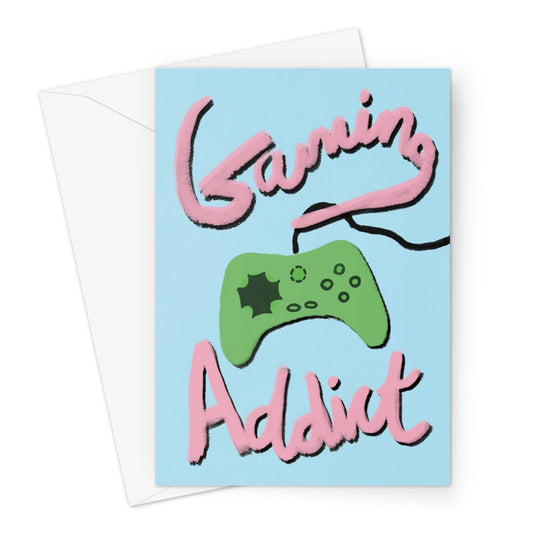 Gaming Addict Print - Light Blue, Pink, Green Greeting Card
