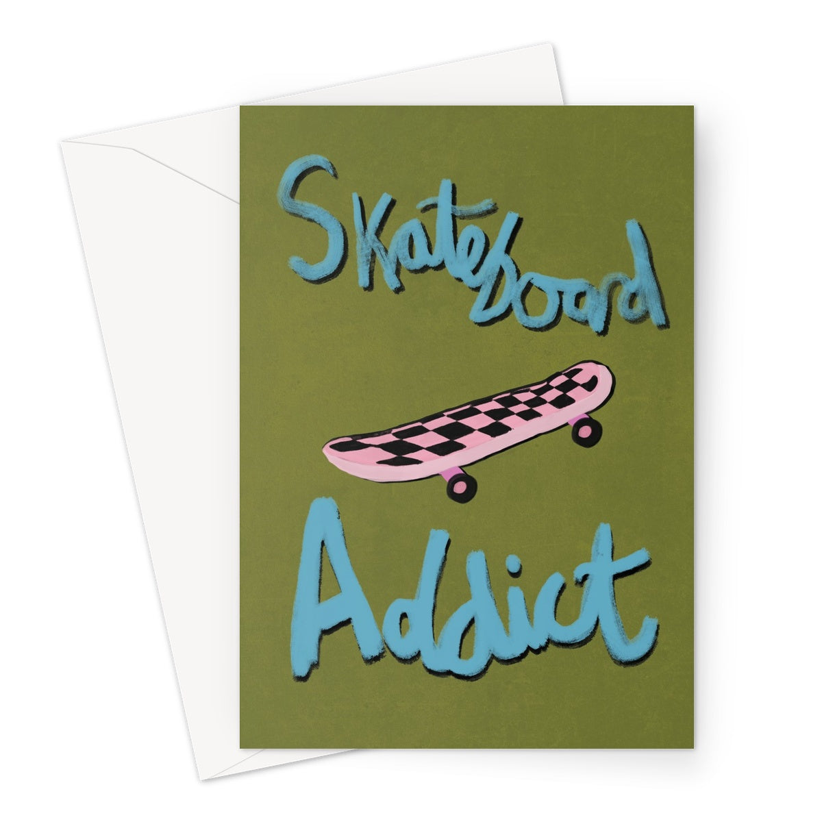 Skateboard Addict - Olive Green, Blue, Pink Greeting Card