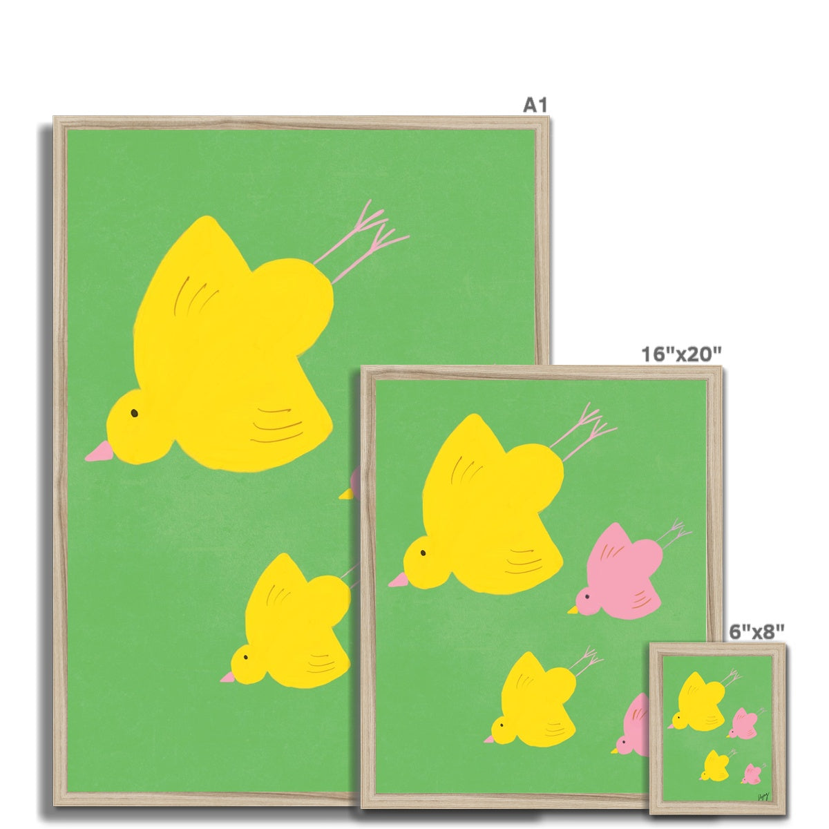 Flying Birds Print - Green, Yellow, Pink Framed Print