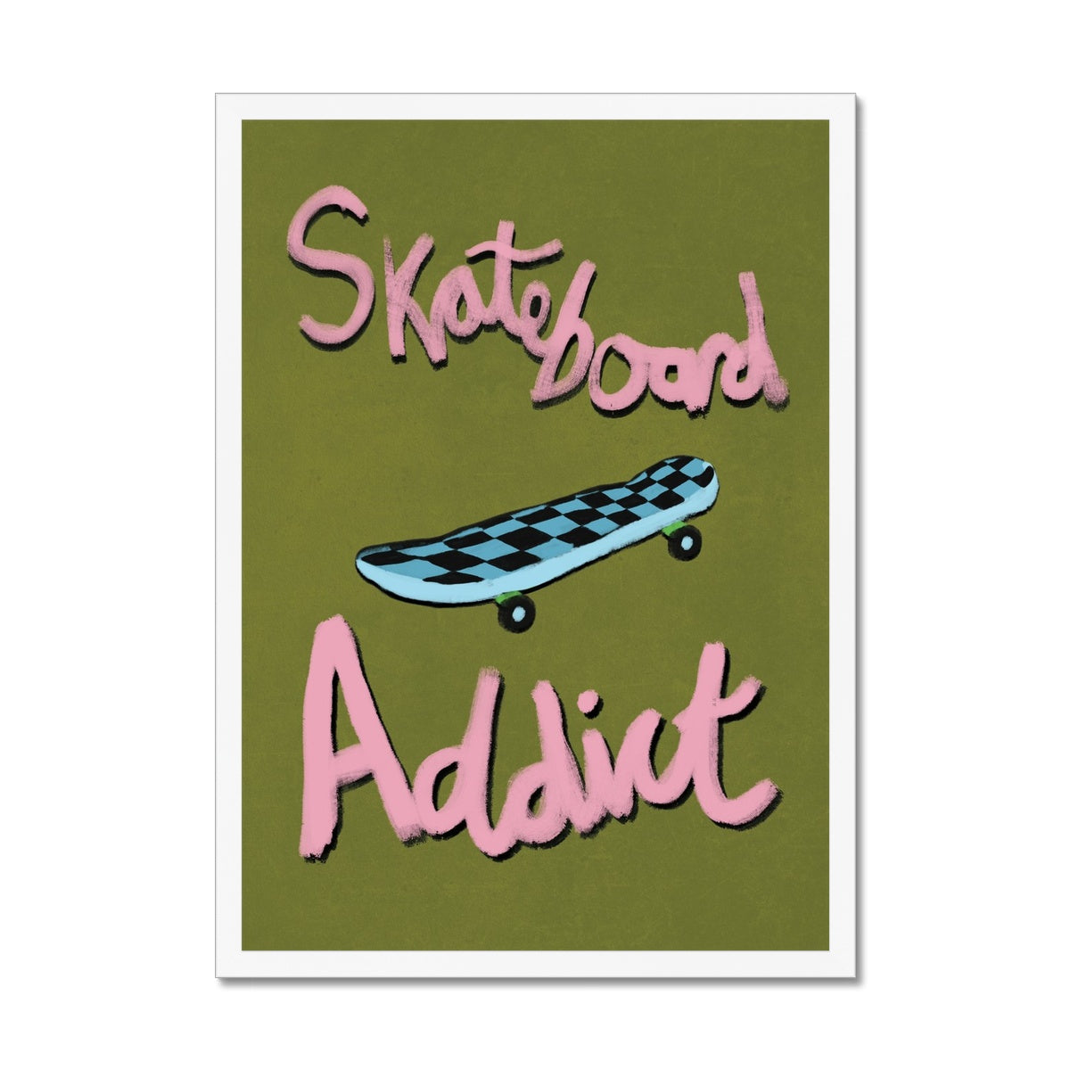 Skateboard Addict - Olive Green, Pink, Blue Framed Print