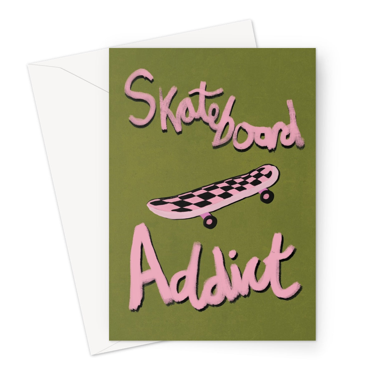 Skateboard Addict - Olive Green, Pink Greeting Card