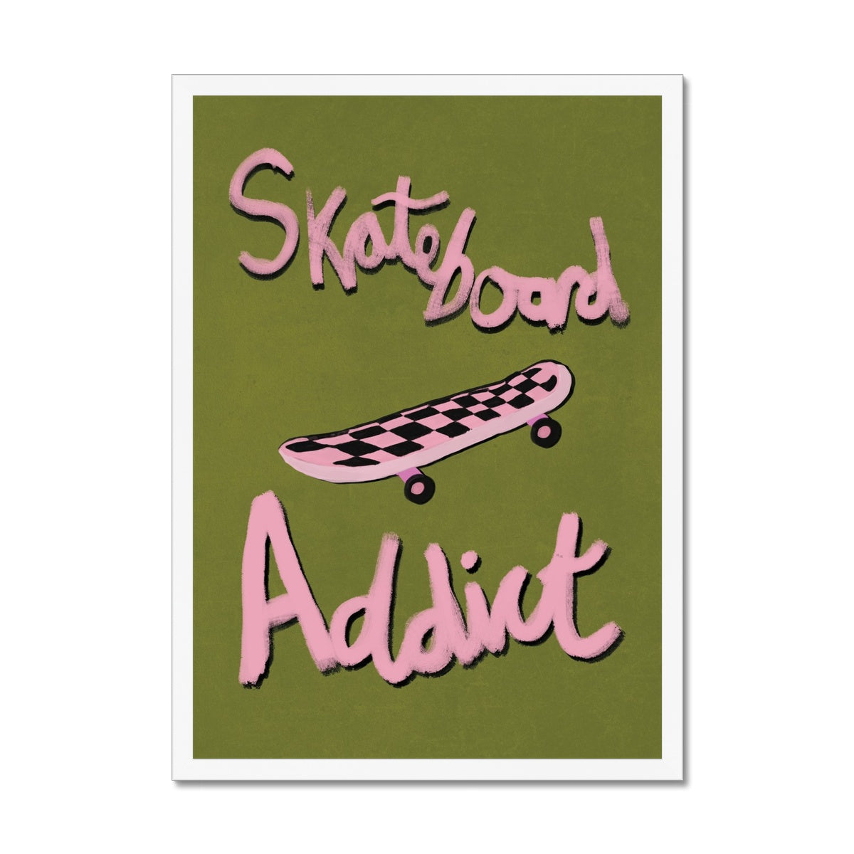 Skateboard Addict - Olive Green, Pink Framed Print